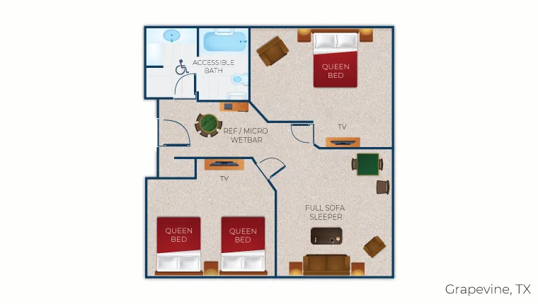 The floor plan for the accessible bathtub Brown Bear Suite
